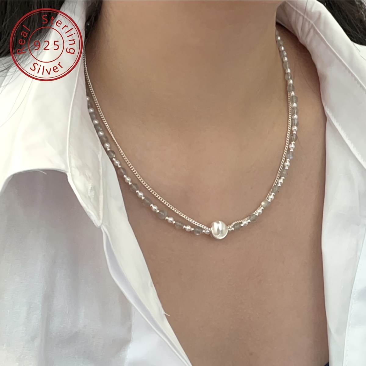 925 Sterling Silver Elongated Lime Moonlight Bead Necklace